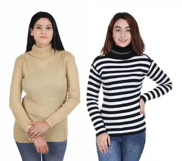 Full Sleeves Solid Sweater for Women, Pack of 2 (Beige & White, M)
