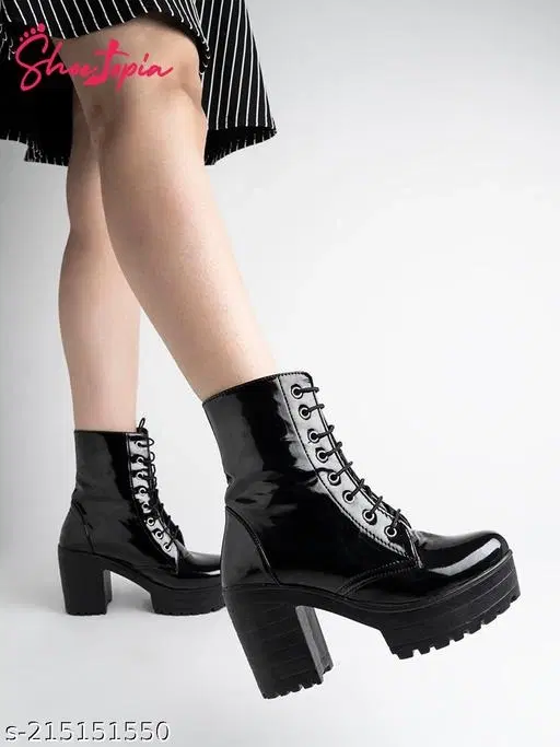 Shoetopia Solid Patent Leather Block Boots Black (IND-3)