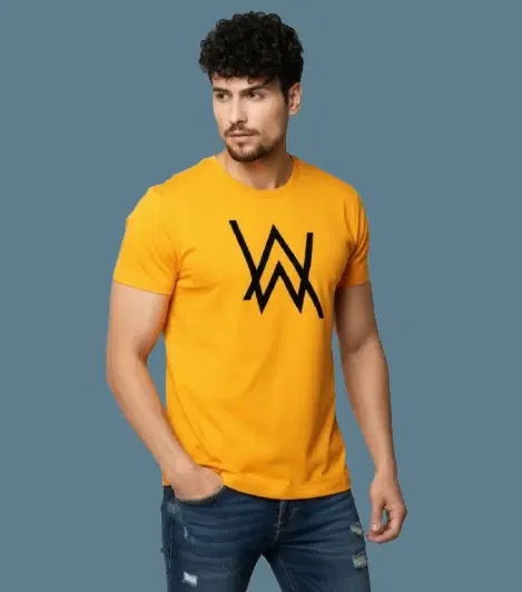 Polyester Printed T-Shirt for Men, Mustard (XL)