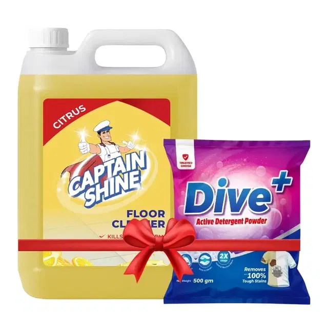 Captain Shine Disinfectant Floor Cleaner 5 L (Citrus) + Dive+ Active Detergent Powder 500 g
