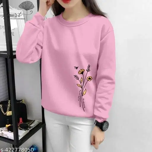 Cotton Blend Printed Sweatshirt for Women (Pink, XS)