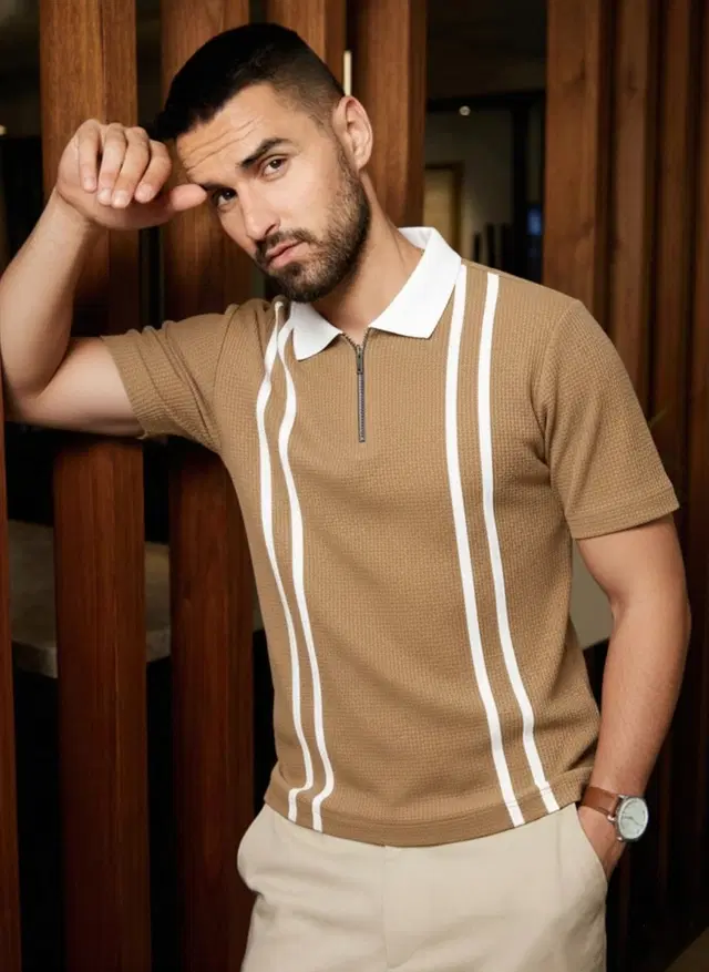 Polo Neck PolyeSter T-Shirt For Men , Brown , (M)