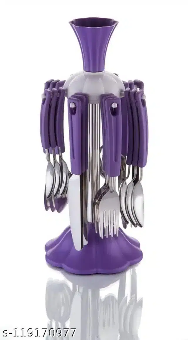 Stainless Steel Spoon Set with Stand, Purple, Pack of 24
