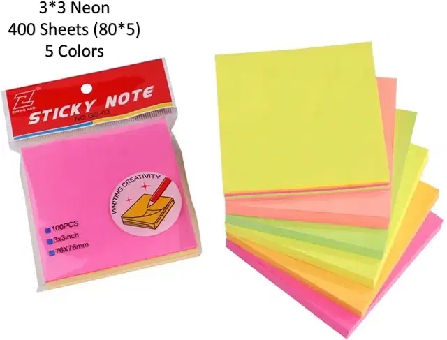 Paper Neon 80 Pcs Sticky Notes, Multicolor, 3x3 inches, Pack of 5