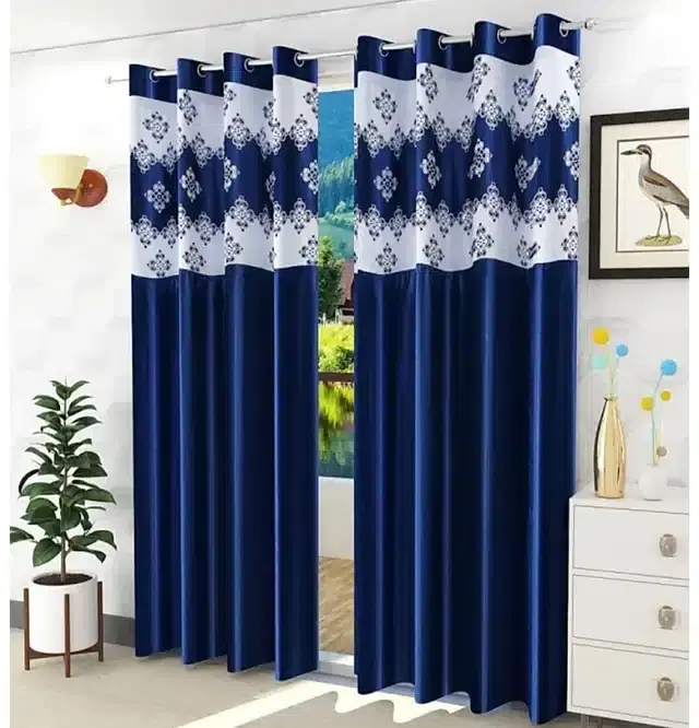 Polyester Patch Worked Window & Door Curtains, Pack of 2, Blue, 5 feet
