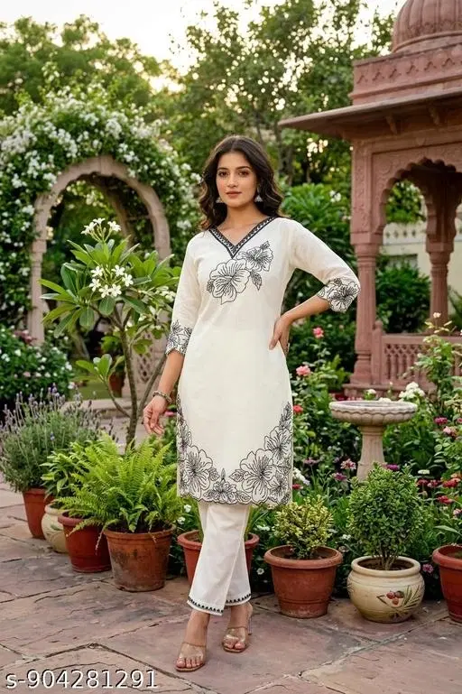 Embroidered Straight Kurta Set for Women (White, S)