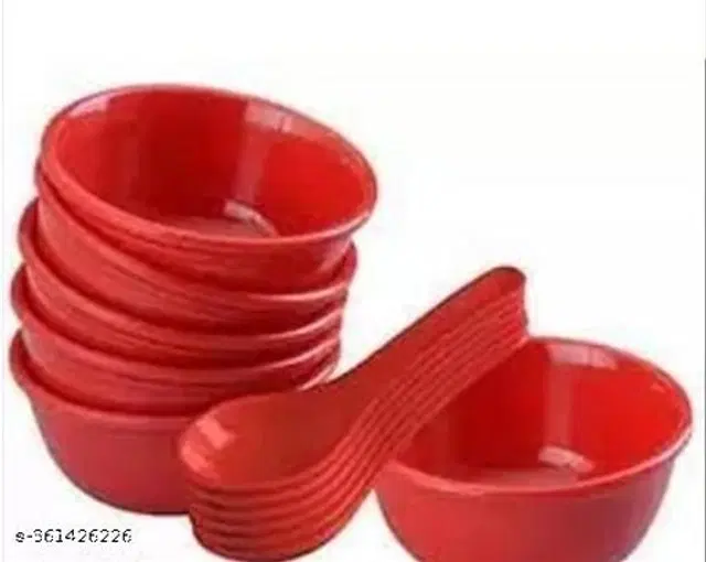 Plastic Bowls, 6 Pcs with 6 Pcs Spoons, Red, Set of 2