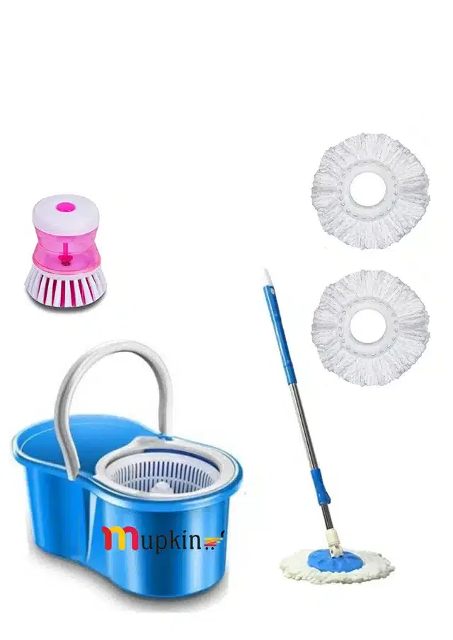PVC Magic Spin Bucket Mop with 3 Refills & Soap Dispenser Brush Set, Blue, Set of 2