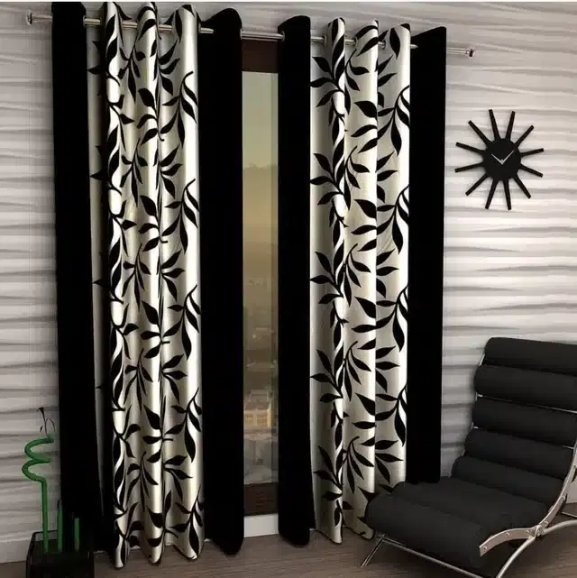 Polyester Printed Window & Door Curtains, Pack of 2, Black, 5 feet