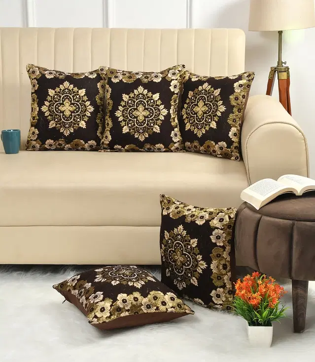 Jute Printed Cushion Covers, Black & Gold, 16x16 inches, Pack of 5