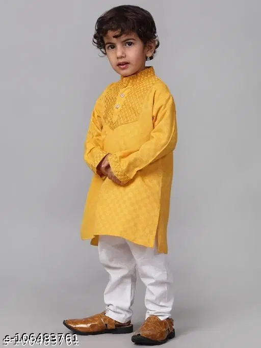 Cotton Kurta with Pyjama for Boys (Yellow & White, 9-12 Months)