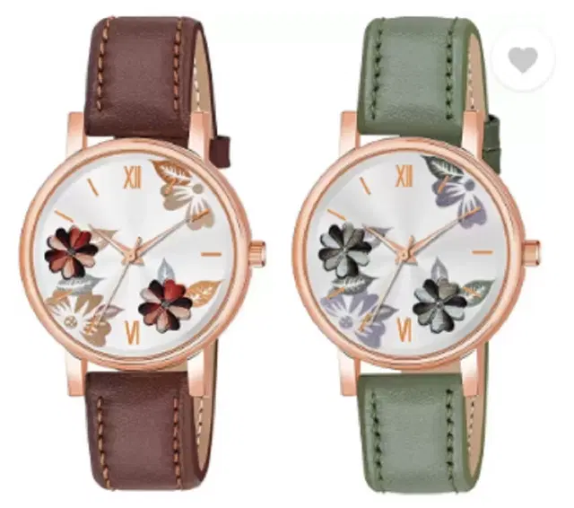 Leather Strap Analog Watch for Women & Girls, Pack of 2 (Multicolor)