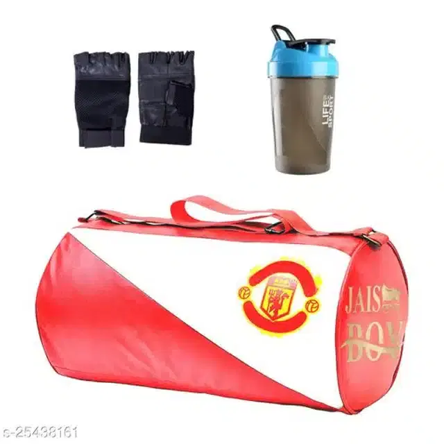 Combo of Gym Bag with Shaker Bottle, 500 ml, Gloves, Multicolor, Set of 3