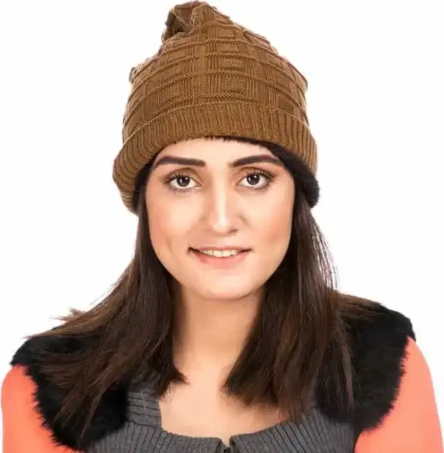 Women Woolen Fur Cap (Brown, Free Size) (BM014)