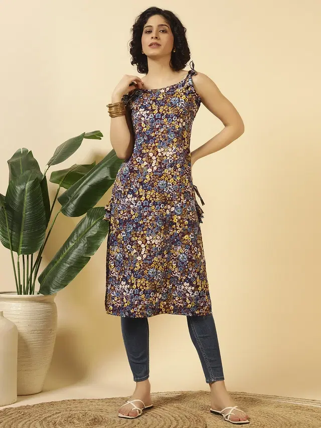 Summer Tie Up Poly Crepe Kurti for Women (Multicolor, XS)