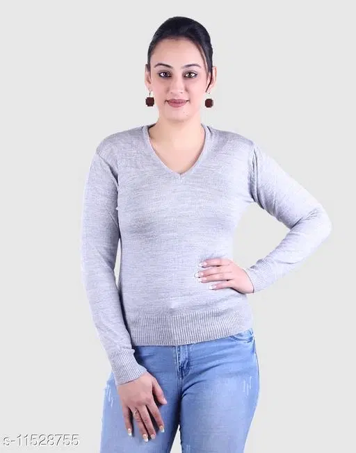 Acrylic Solid Sweater for Women (Grey, M)