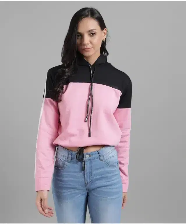 Fleece Solid Hoodie for Women (Black & Pink, M)