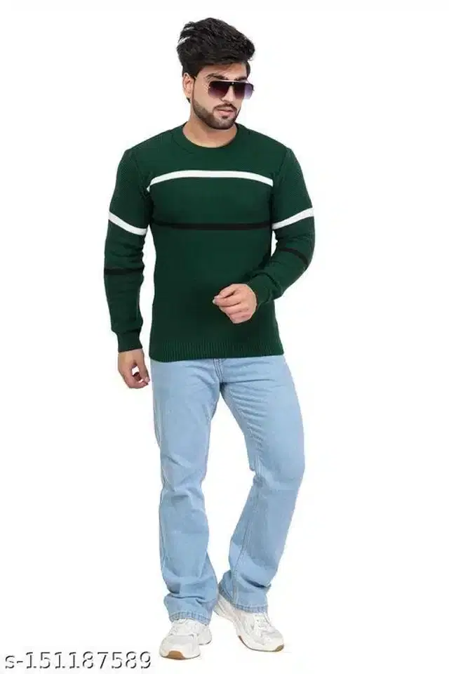 Acrylic Sweater for Men (Green & White, M)