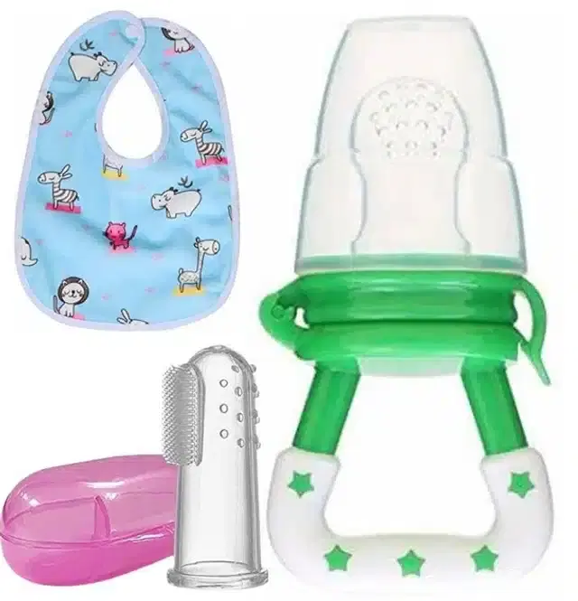 Silicone Fruit Feeder with Finger Brush & Bib for Kids, Multicolor, Set of 3