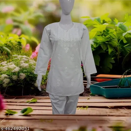 Floral Embroidered Cotton Kurti for Women (White, S)
