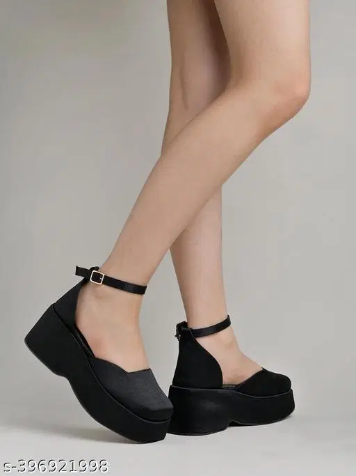[71] Solid Synthetic Platform Sandals for Women (Black, IND-8)