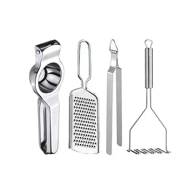 Oc9 Stainless Steel Lemon Squeezer & Cheese Grater & Roti Chimta & Potato Masher Kitchen Tool Set, O-58