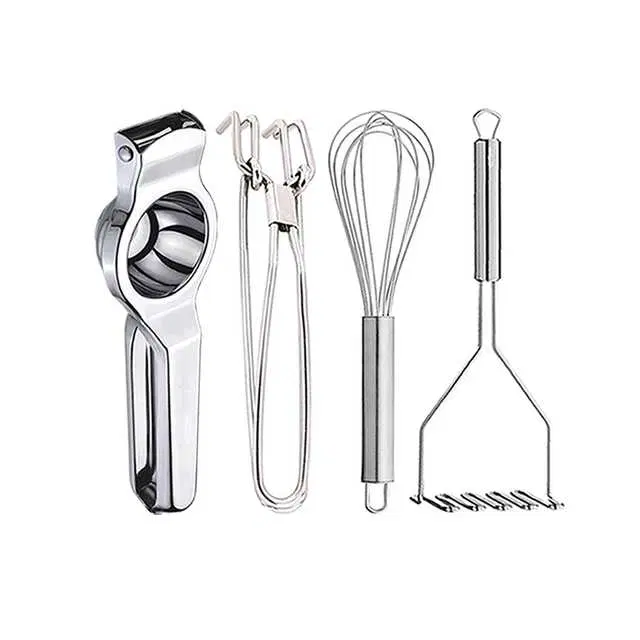 Stainless Steel Lemon Squeezer & Pakkad & Egg Whisk & Potato Masher For Kitchen, Set of 4, OC-081