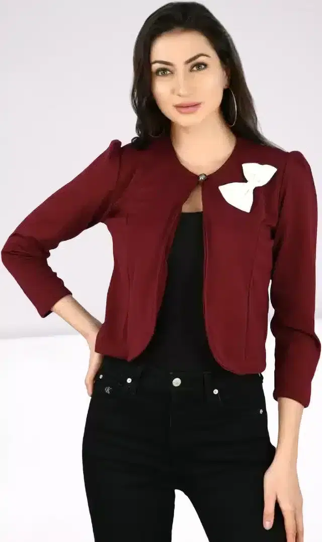 Three Quarter Sleeves Shrug for Women (Maroon & White, M)