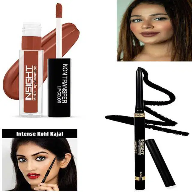 Insight Non Transfer Waterproof Smudgeproof Long Wear Brown Lip Color & 24 Hr Waterproof No Smudge 4X Intense Black Kohl Kajal, IS-05