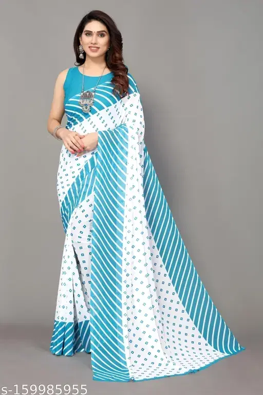 Georgette Printed Saree for Women, Sky Blue (White)