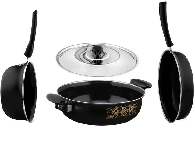 Non Stick Kadai, Stainless Steel Lid & Frying Pan with Saucepan, Black, Set of 3