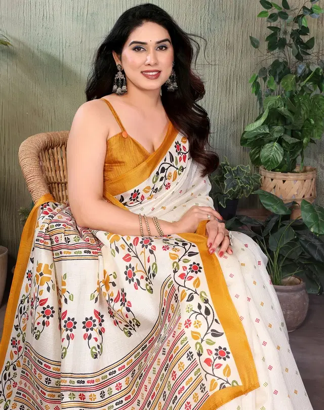 Art Silk Saree for Women, Kalamkari (Yellow, Free Size)