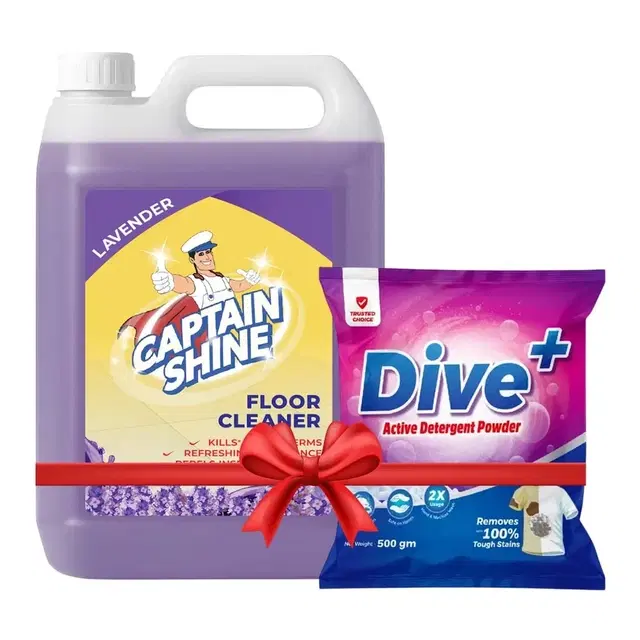 Captain Shine Disinfectant Floor Cleaner 5 L (Lavender) + Dive+ Active Detergent Powder 500 g