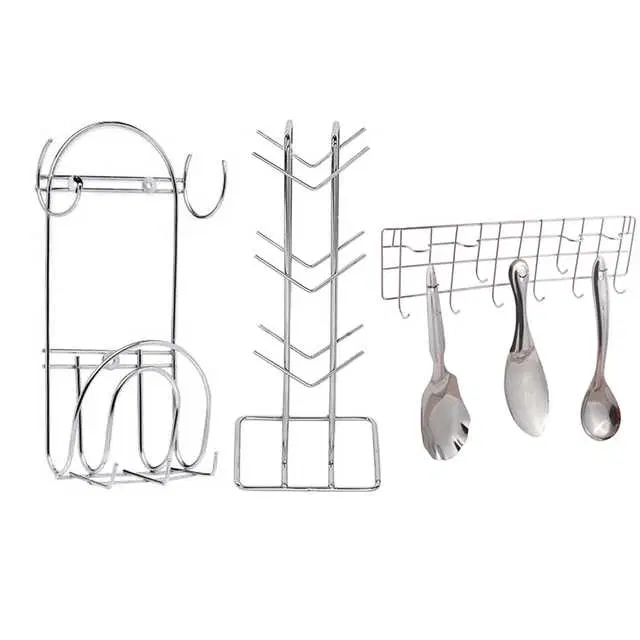 Stainless Steel Cup Stand & Chakla Belan Stand With Hook & Hook Rail For Kitchen, Set of 3, OC-014