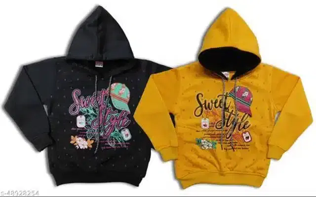 Fleece Printed Full Sleeves Hooded Sweatshirts for Girls, Pack of 2 (Black & Mustard, 3-4 Years)