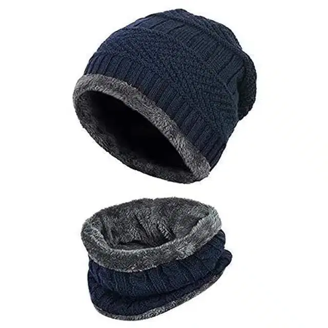 Woolen Solid Cap with Neck Warmer for Men, Set of 1 (Blue)
