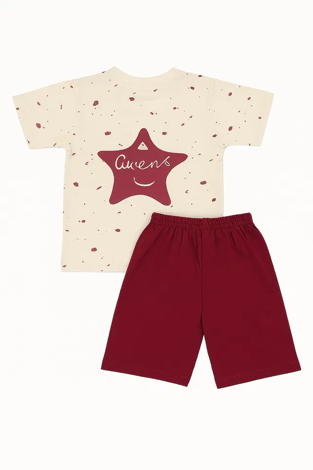 Cotton Blend Printed Clothing Set for Boys, Cream & Maroon (6-12 Months)