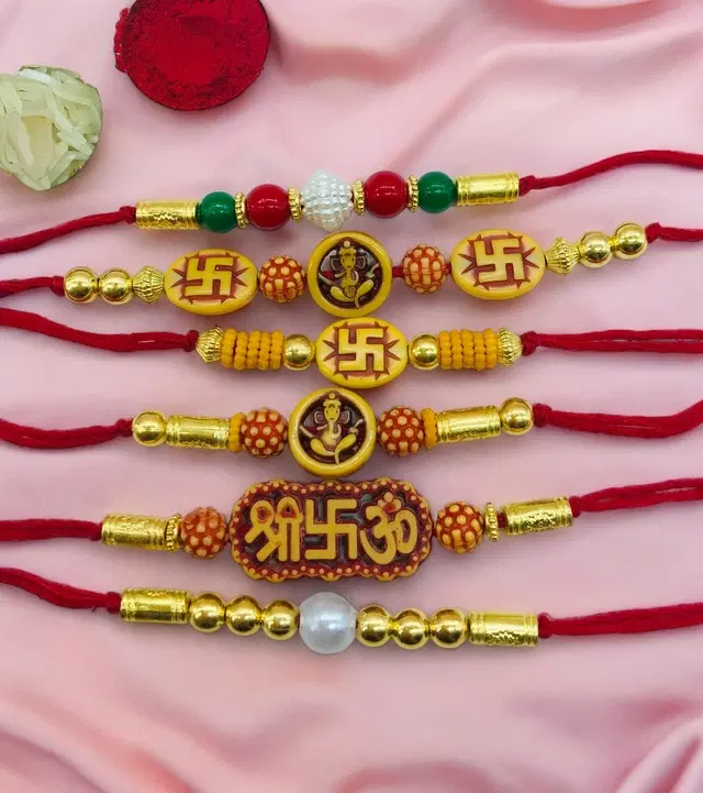 Handmade Designer Rakhi with Roli Chawal, Multicolor, Pack of 6