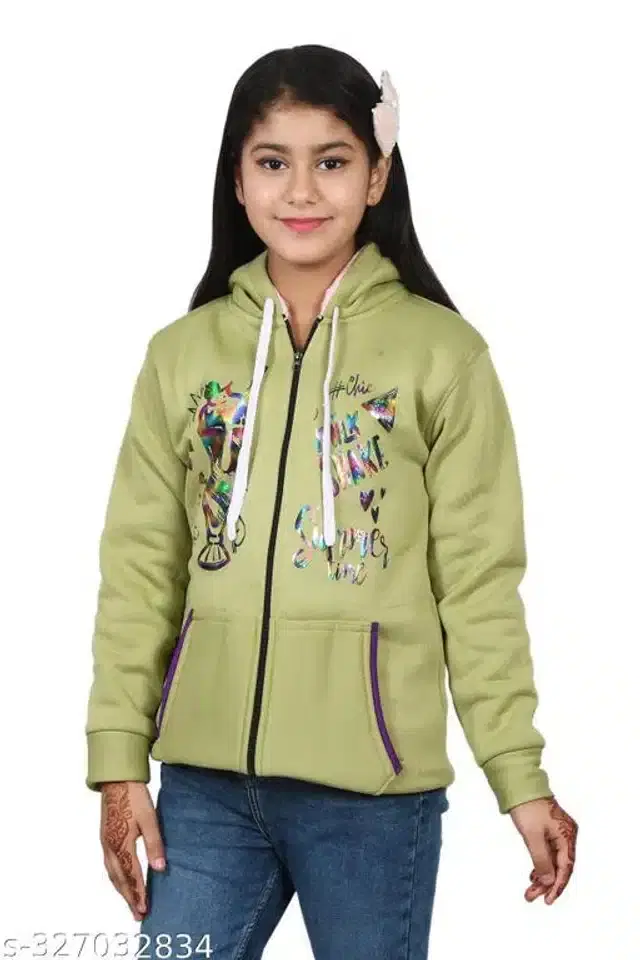 Woolen Full Sleeves Hooded Sweatshirt for Girls (Mint Green, 11-12 Years)