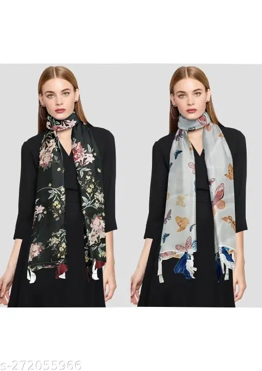 Chiffon Scarves for Women, Black, Pack of 2