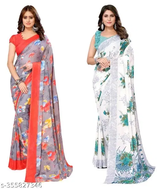 Designer Printed Georgette Saree for Women, Pack of 2 (Multicolor, Free Size)