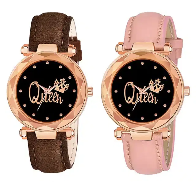 Designer Leather Analog Watch for Women & Girls, Pack of 2 (Brown & Peach)