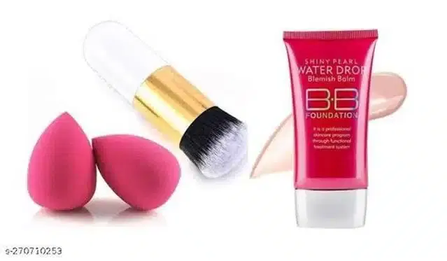 Shiny Pearl Water Drop B.B Foundation & 2 Pcs Makeup Sponge Blender with Foundation Brush, Pink & White, Set of 4
