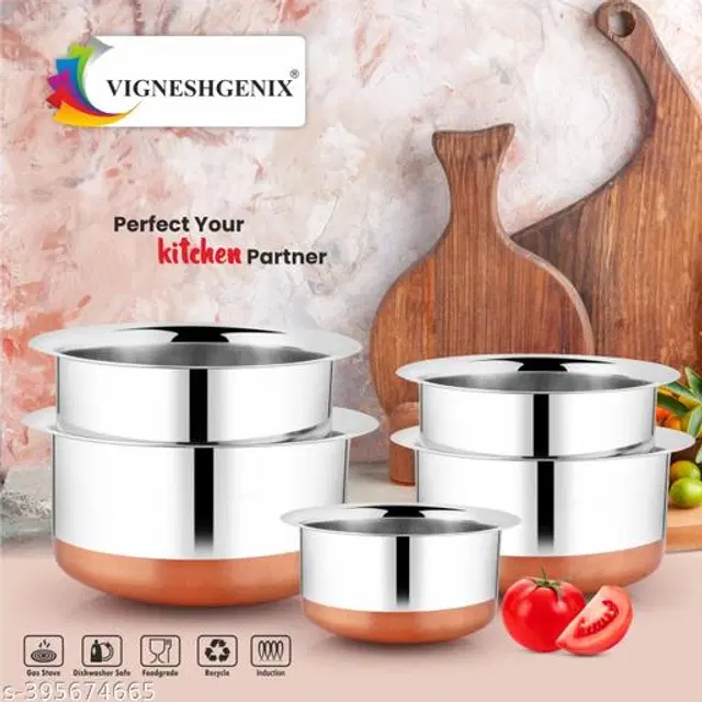 Stainless Steel Copper Bottom Handi Pot Set, Silver, Set of 5