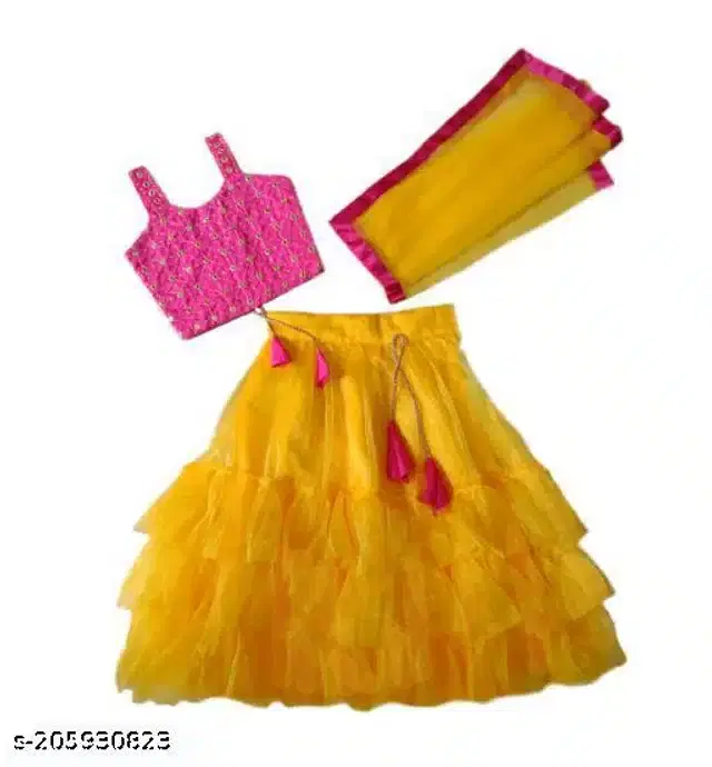 Taffeta Silk Lehenga with Choli & Dupatta for Girls (Yellow & Pink, 12-18 Months)