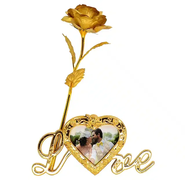 24K Gold Plated Artificial Rose Flower with Photo Frame, Gold
