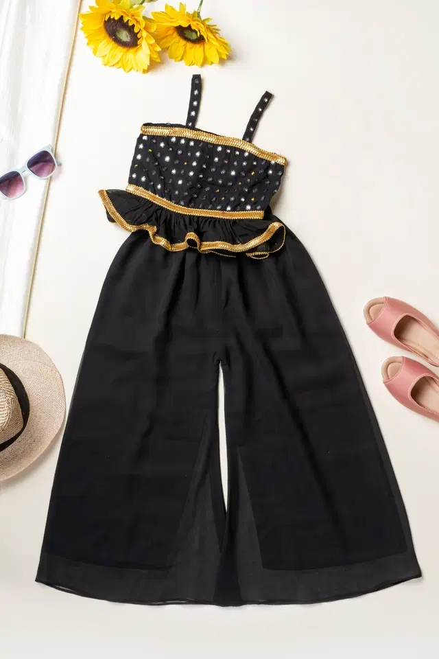 Georgette Embroidered Kurti with Sharara & Dupatta for Girls (Black, 3-4 Years)