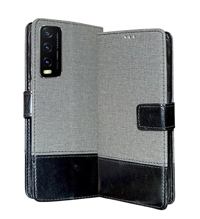 Artificial Leather Mobile Flip Cover for Vivo V2054 / Y20A /Y20S /Y20, Grey