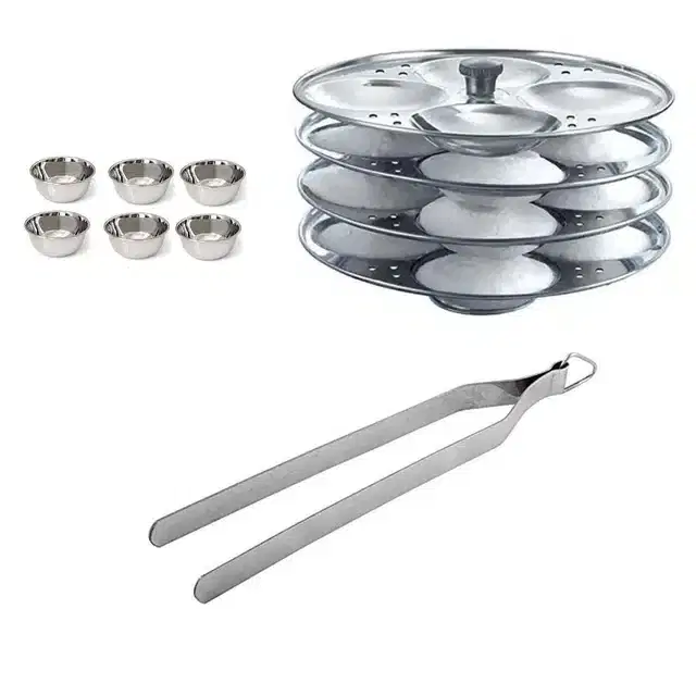 Stainless Steel Chimta, Chatni Katori & Idli Making Stand, Combo of 3