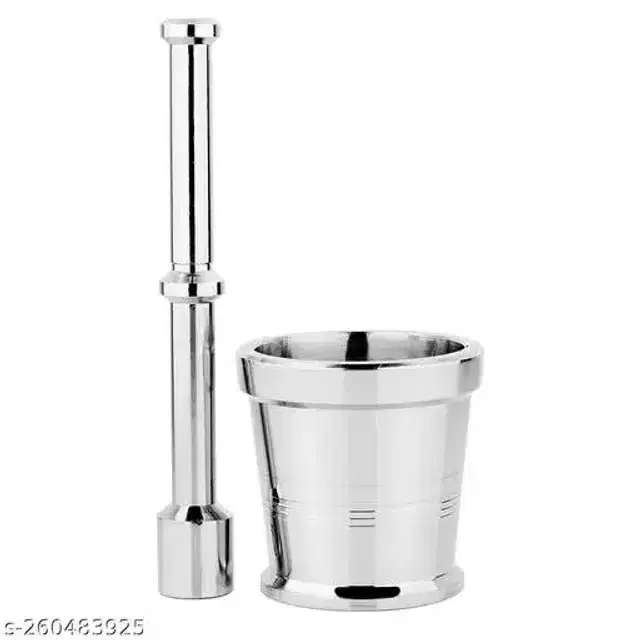 Stainless Steel Carved Mortar & Pestle, Silver, Set of 1